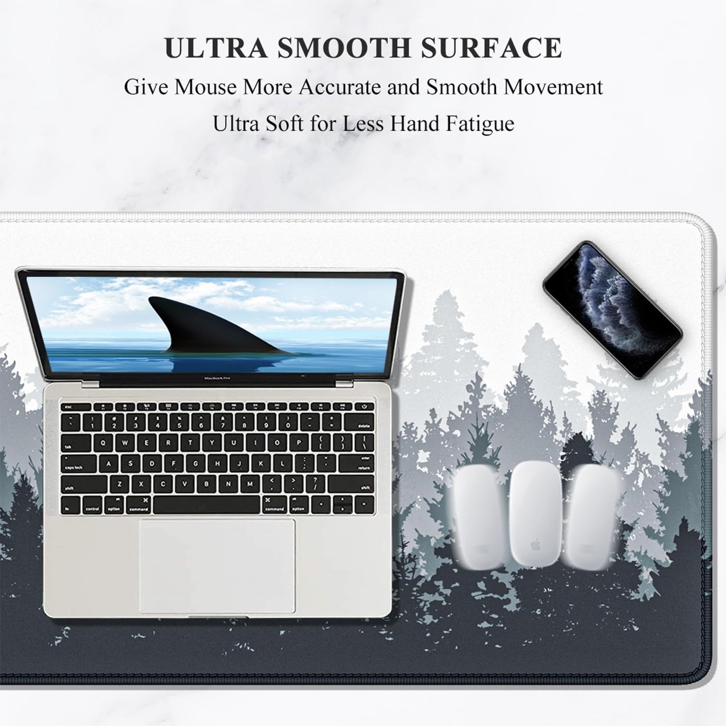 Large Gaming Mouse Pad, Forest Theme XXL 35.4 X 15.7 in Desk Pad Stitched Non-Slip Rubber Long Computer Mousepad Thin Extended Full Size Desk Mat for Desktop, Laptop, Wireless Mice, White